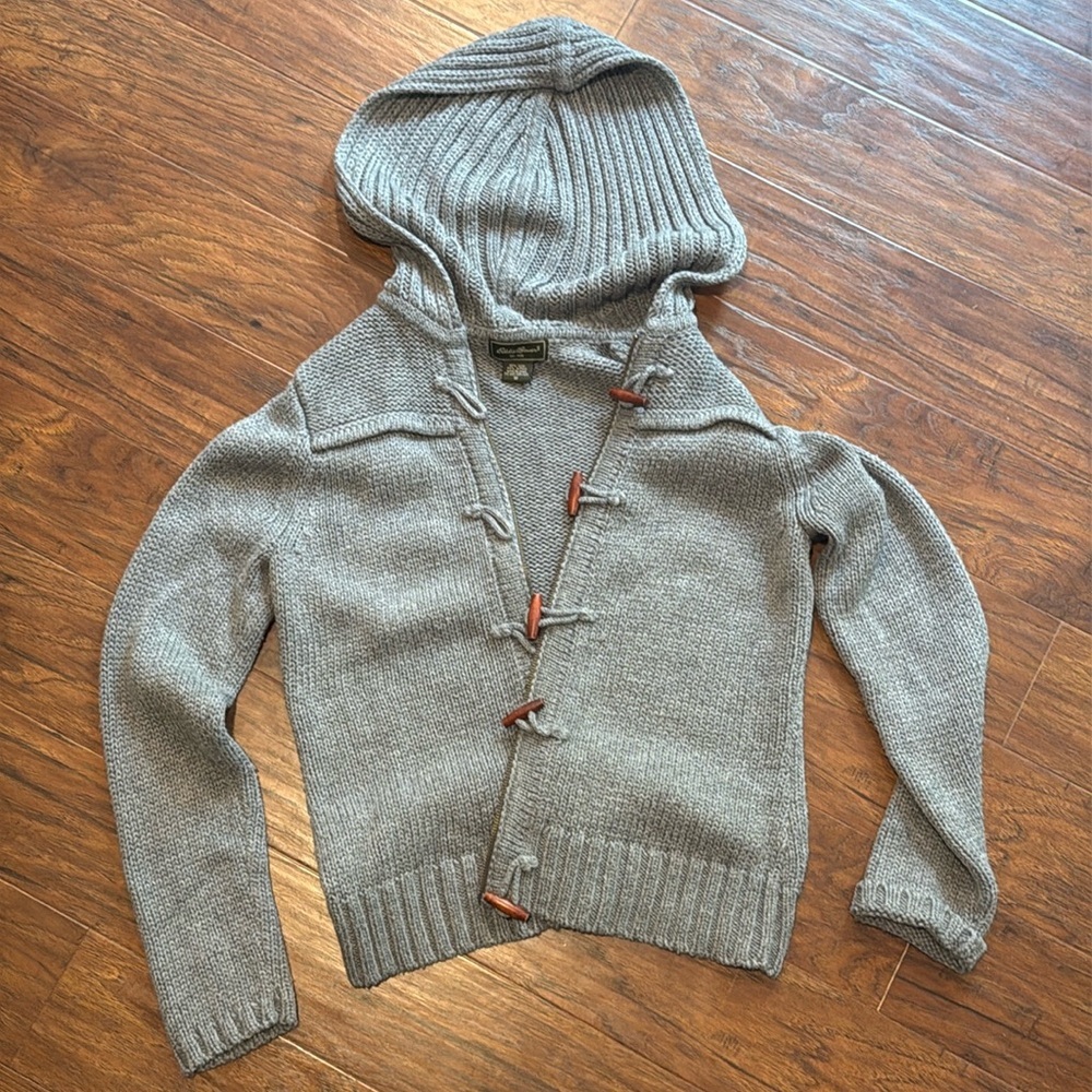 Eddie Bauer Sweater Women Large Gray Cardigan Toggle Cable Knit Chunky Fisherman